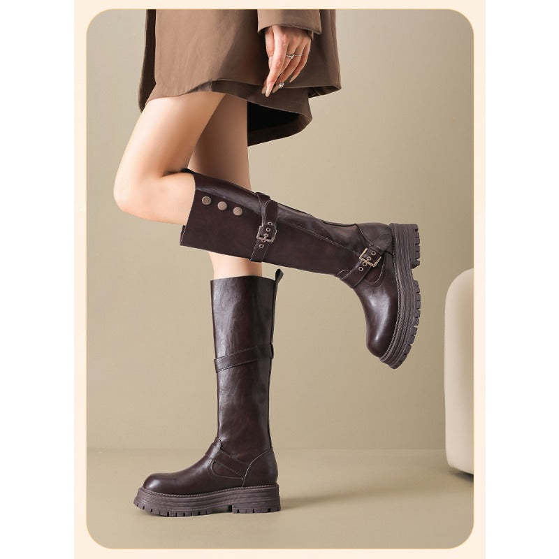 FurLined Platform Knee-High Boots – Women’s British Style Tall Riding Boots