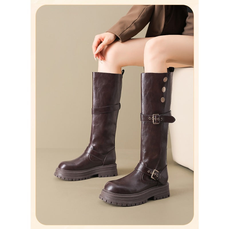 FurLined Platform Knee-High Boots – Women’s British Style Tall Riding Boots