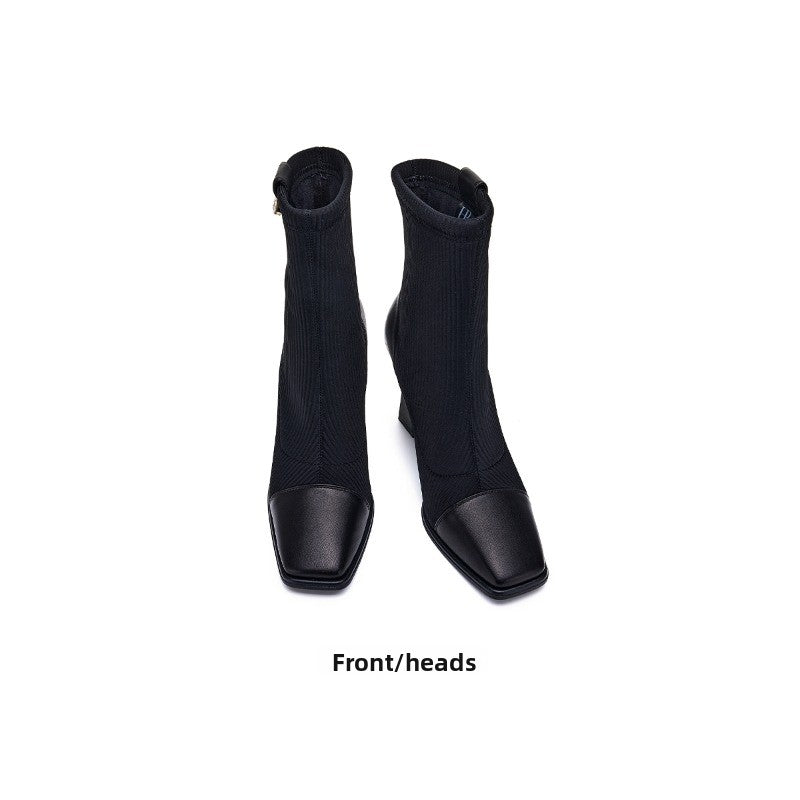 UrbanChic Knit Short Boots – Thick-Soled Square Toe Women’s Fashion Boots