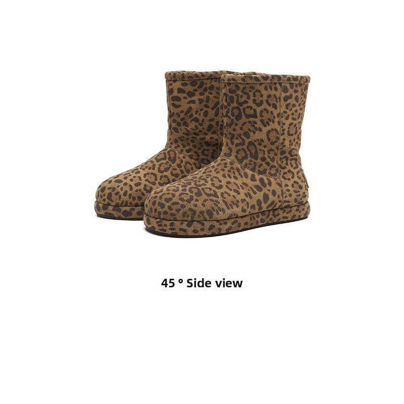 CozyStep Leopard Print Winter Boots – Flat Plush-Lined Short Boots for Women