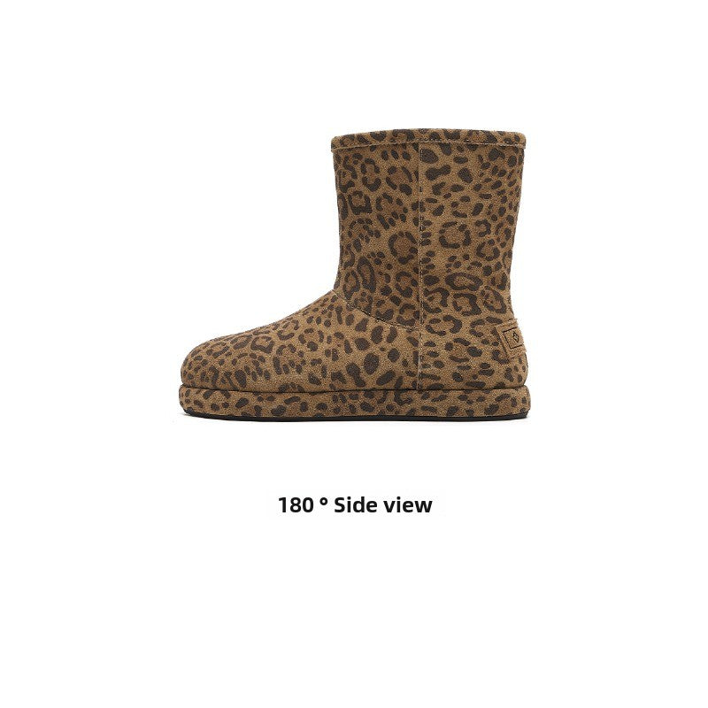 CozyStep Leopard Print Winter Boots – Flat Plush-Lined Short Boots for Women