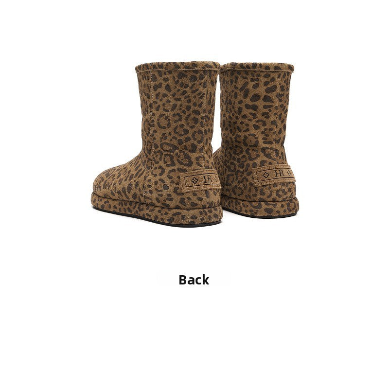 CozyStep Leopard Print Winter Boots – Flat Plush-Lined Short Boots for Women