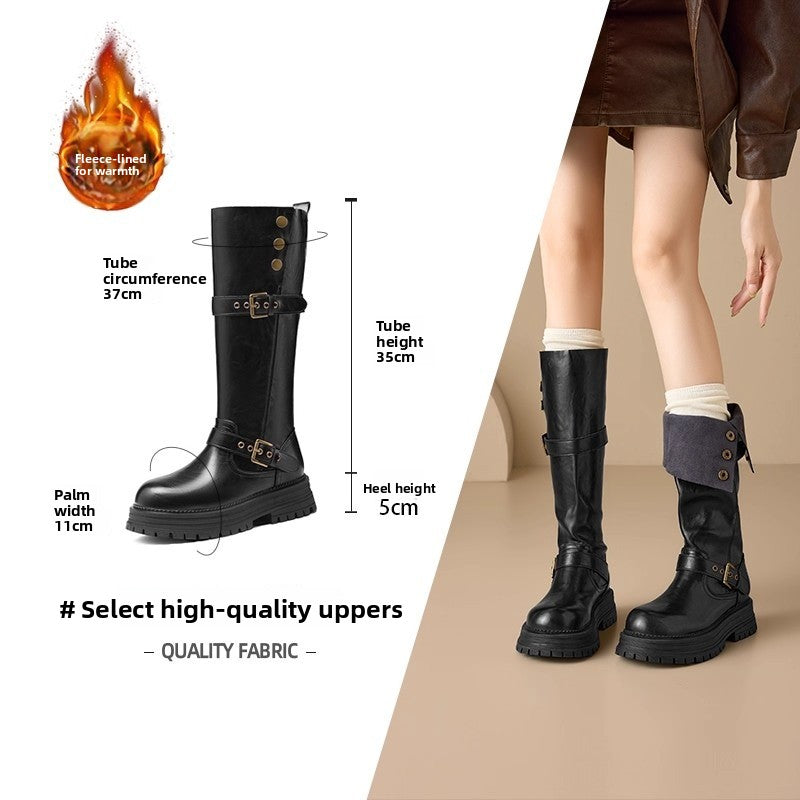 FurLined Platform Knee-High Boots – Women’s British Style Tall Riding Boots