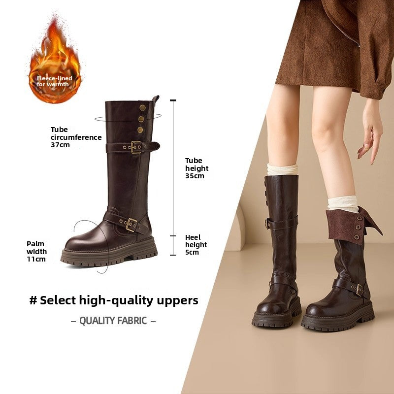 FurLined Platform Knee-High Boots – Women’s British Style Tall Riding Boots